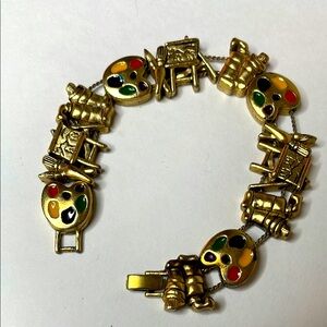 Artist Theme Double Wire Bracelet Palate, Brushes, Easel Charms Antique Gold